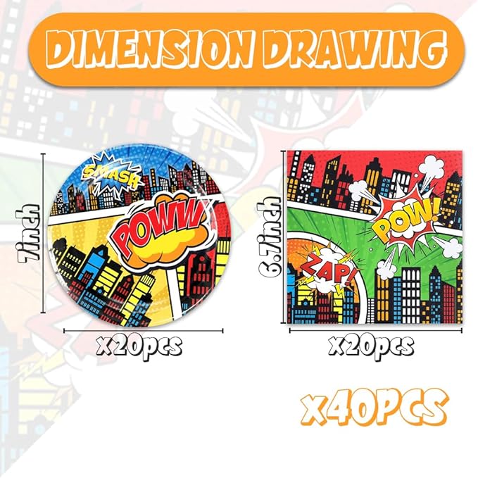 40pcs Super Theme Hero Party Decorations Hero Action Sign Plates Napkins for Comic Heroes Birthday Decorations Hero's Action Sign Cityscape Buildings Tableware Set,Suitable for 20 Guests