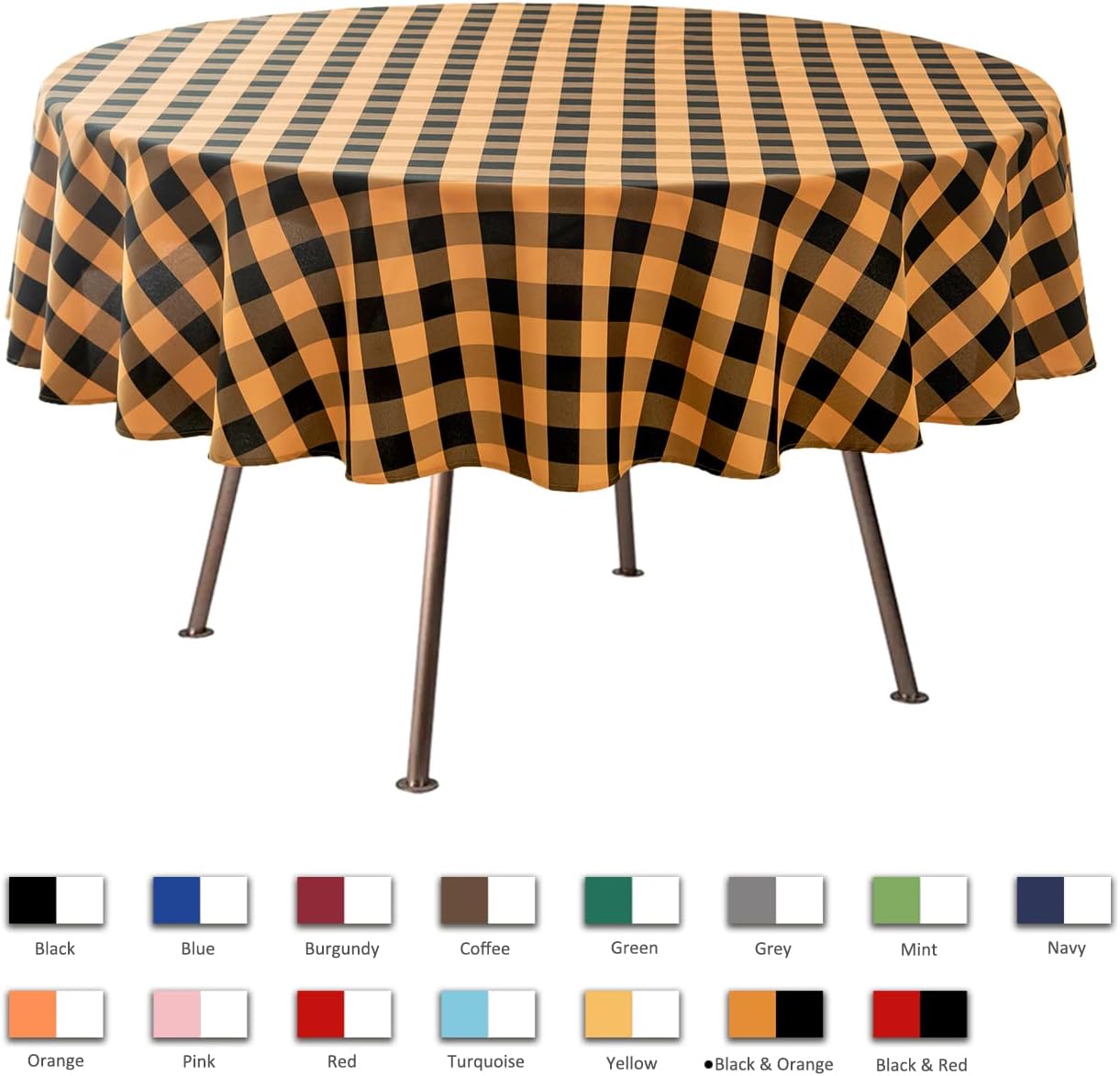 maxmill Round Checkered Tablecloth Spillproof Wrinkle Free Heavy Weight Gingham Table Cloth for Circular Table Cover Buffalo Plaid for Buffet Banquet Parties Holiday Dinner 70 Inch Black and Orange