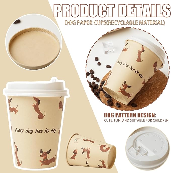 12 oz 25 Pack Disposable Paper Coffee Cups with Lids, Disposable Paper Cups for Cold/Hot Drinks, Leak-Proof To Go Drinking Cups for Office Party Home Picnic & Travel (Doggy Style)