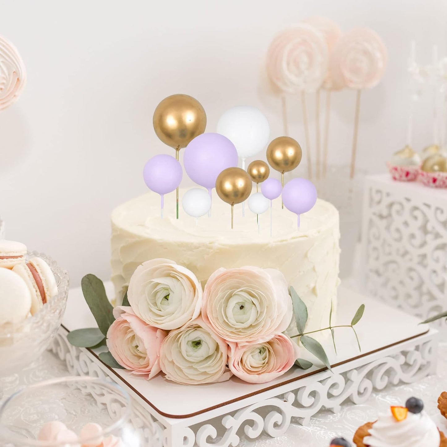 Gyufise 30Pcs Ball Cake Topper Ball Cake Picks Colorful Pearl Ball Shaped Cupcake Insert Cake Topper for Babyshower Birthday Party Favors Wedding Decoration Supplies Purple White Gold