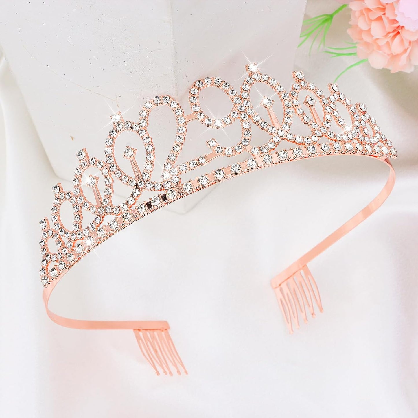 CIEHER 29th Birthday Crown, Sash and Pearl Pin Set, Rose Gold, Women Friends Birthday Gifts
