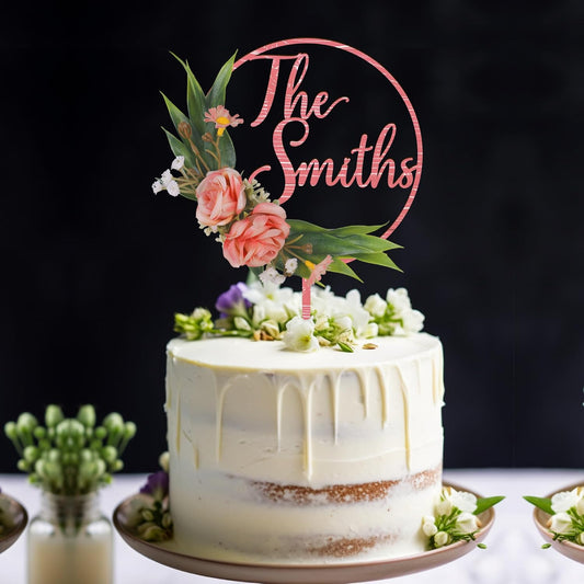 3D Flowers Wedding Cake Topper Custom Last Name Wedding Cake Decoration in Wood with 3D Artificial Roses (Pink)