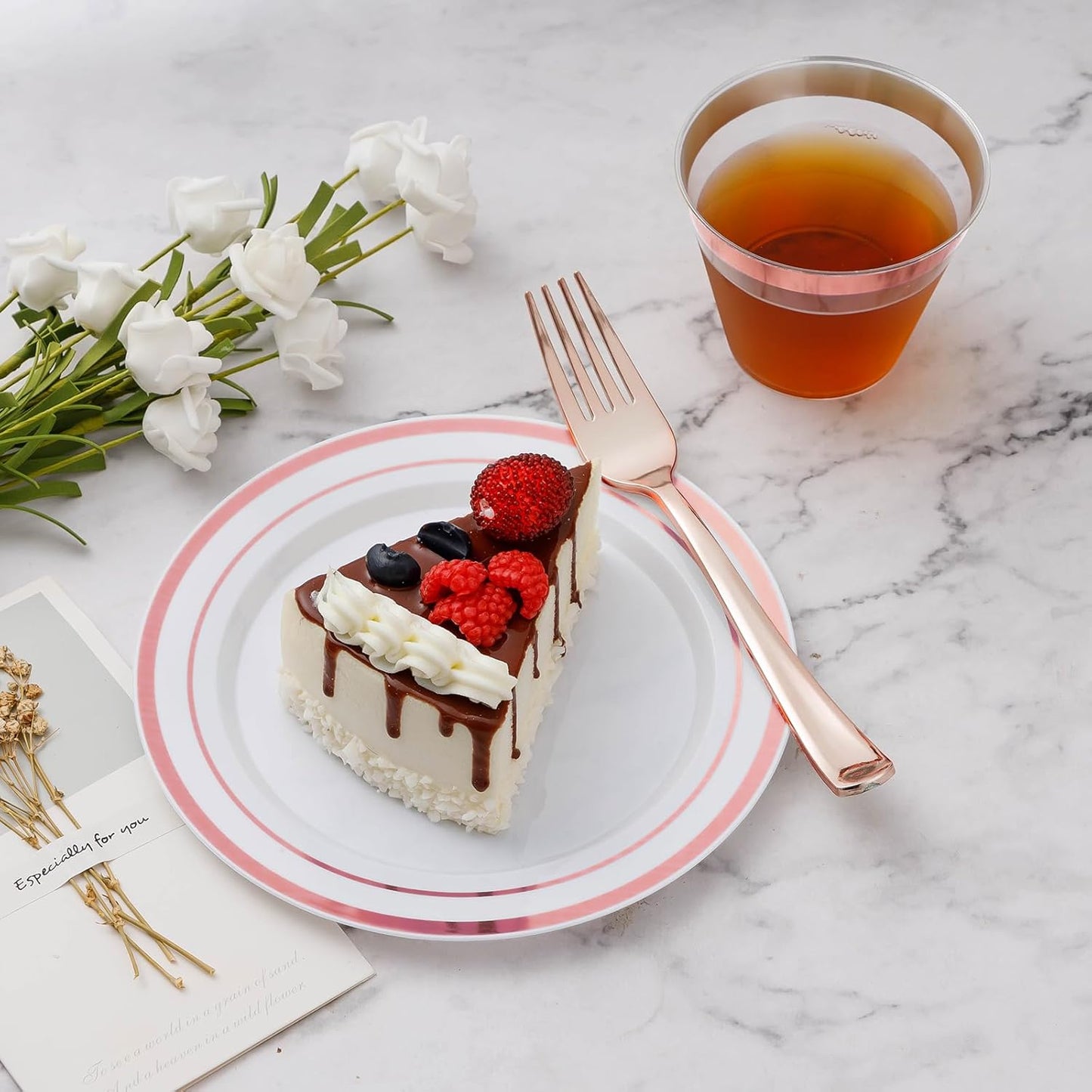 BESTVIP 300PCS Plastic Dinnerware Set (50 Guests), Rose Gold Disposable Plates for Party, Wedding, Christmas, Anniversary, Includes: Dinner Plates, Dessert Plates, Cups, Spoons, Forks and Knives