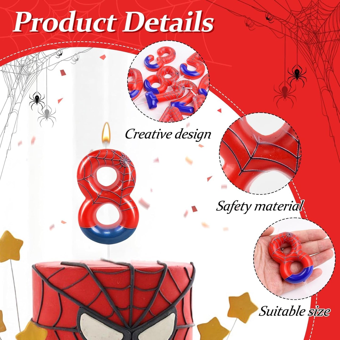 Spider Themed Birthday Candle Number 8 Candle Birthday Cake Candle Party Decoration Cake Topper for Spider Party Decoration Theme Party Supplies (Number 8)
