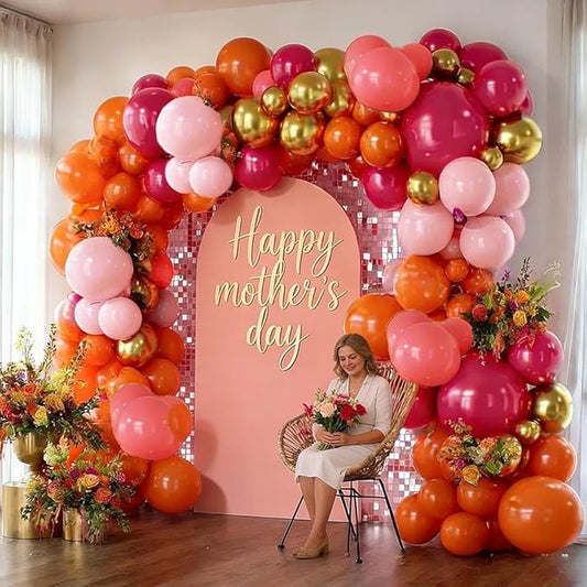 Pink Orange Balloon Garland, Double Stuffed Hot Pink Dark Magenta Balloon Arch Kit Metallic Gold Latex Balloons for Mother's Day Birthday Wedding Baby Shower Tropical Party Decorations