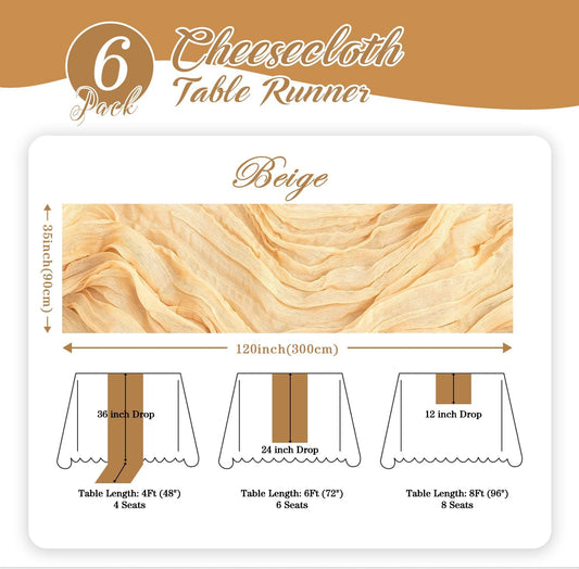 6 Pack Beige Cheesecloth Table Runner 120 Inch Boho Gauze Table Runner Long Sheer Fabric for Wedding Birthday Party Baby Shower Centerpiece Decoration