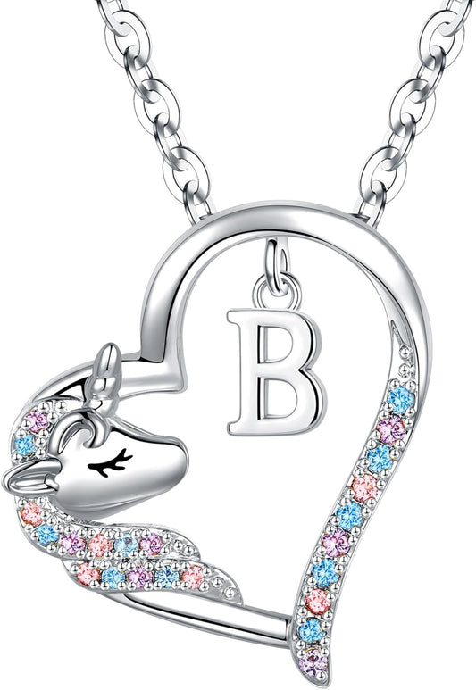 Anoup Unicorn Gifts for Girls Necklace - Colorful CZ Heart Pendant A-Z Initial Necklaces Cute Unicorns Jewelry Birthday Gift for Girl