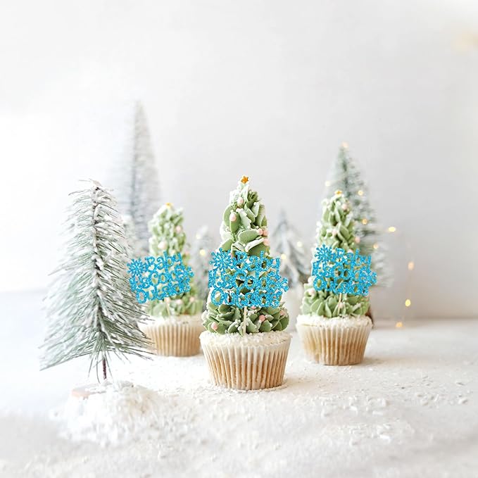 24Pcs Baby It's Cold Outside Snowflake Cupcake Toppers Glitter Winter Frozen Cupcake Picks for Winter Wonderland Baby Shower Birthday Party Cake Decorations Supplies Blue
