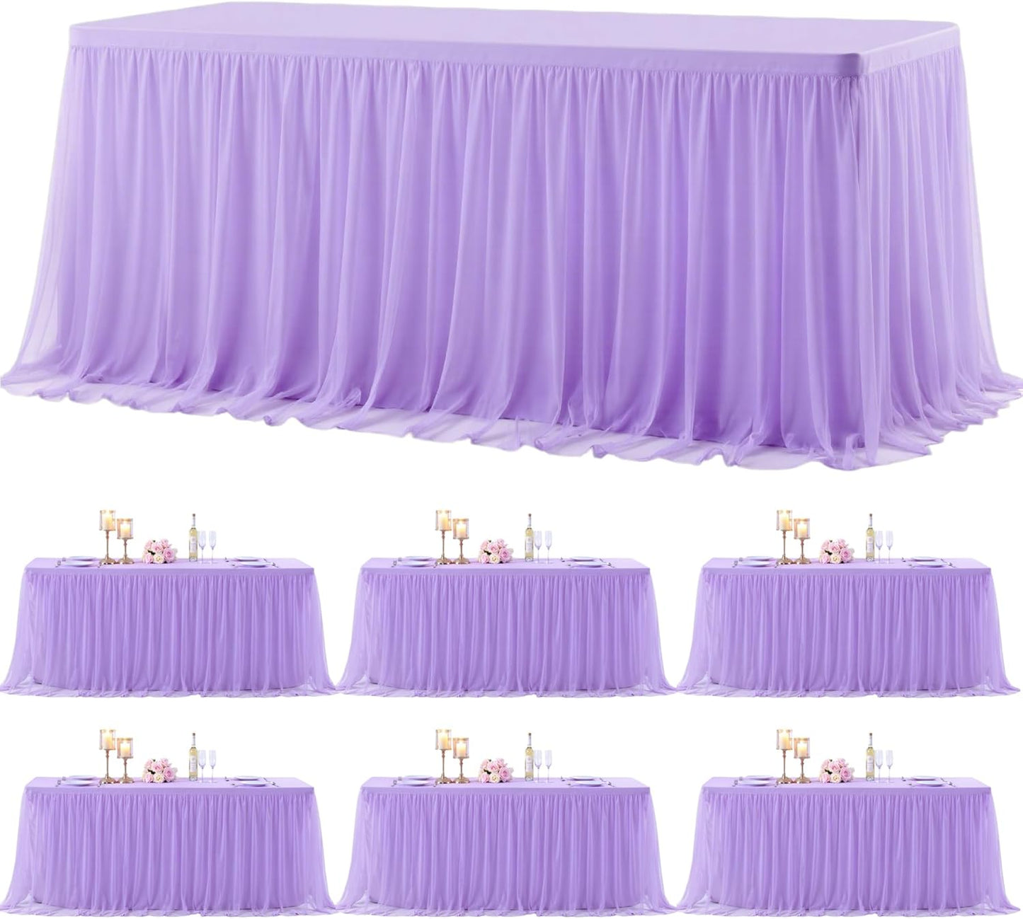 Suppromo 6 Pack 6ft Lavender Tulle Tablecloths for Rectangle Tables 6 Foot Rectangular Table Cloth Wrinkle Free Tablecover with Tutu Skirt for Wedding Baby Shower Birthday Party Banquet Buffet Cake