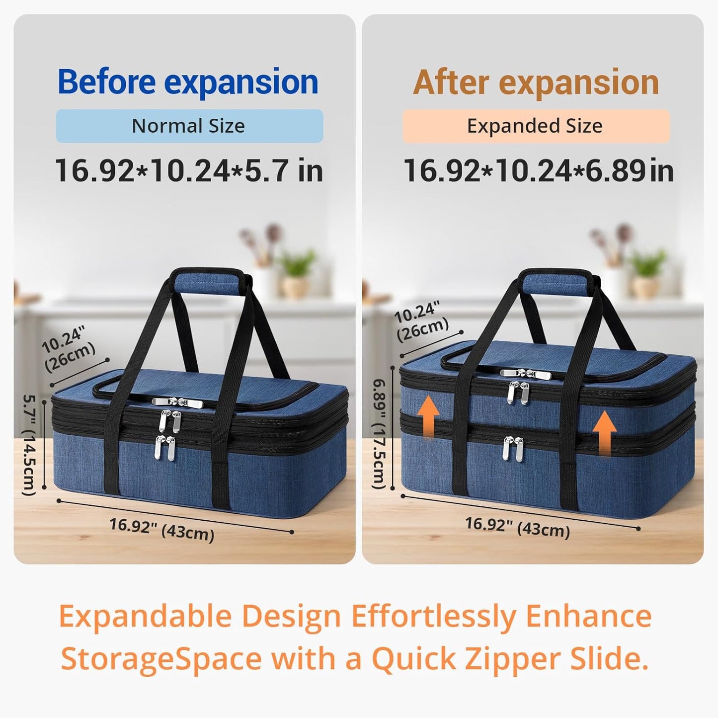 Insulated Double Casserole Carrier - Portable Casserole Carriers for Hot or Cold Food Lunch Tote Warmer or Cooler Bag for Potluck Parties Picnic Cookouts, Fits 9" x 13" Baking Dish - Navy Blue
