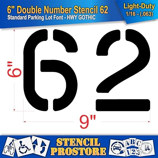 Pavement, Curb, and WheelStop Stencils - 6 inch Double Number Stencil - (62) - 6" x 9" x 1/16" (63 mil) - Light-Duty