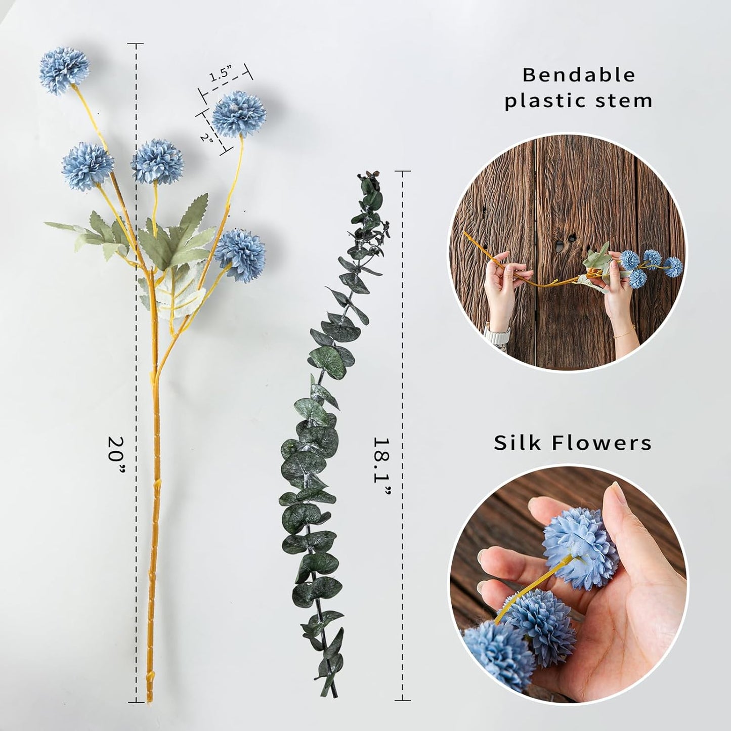 6 Artificial Silk Flowers + 3 Eucalyptus, Artificial Chrysanthemums with Stems for Home Decor, Dusty Blue