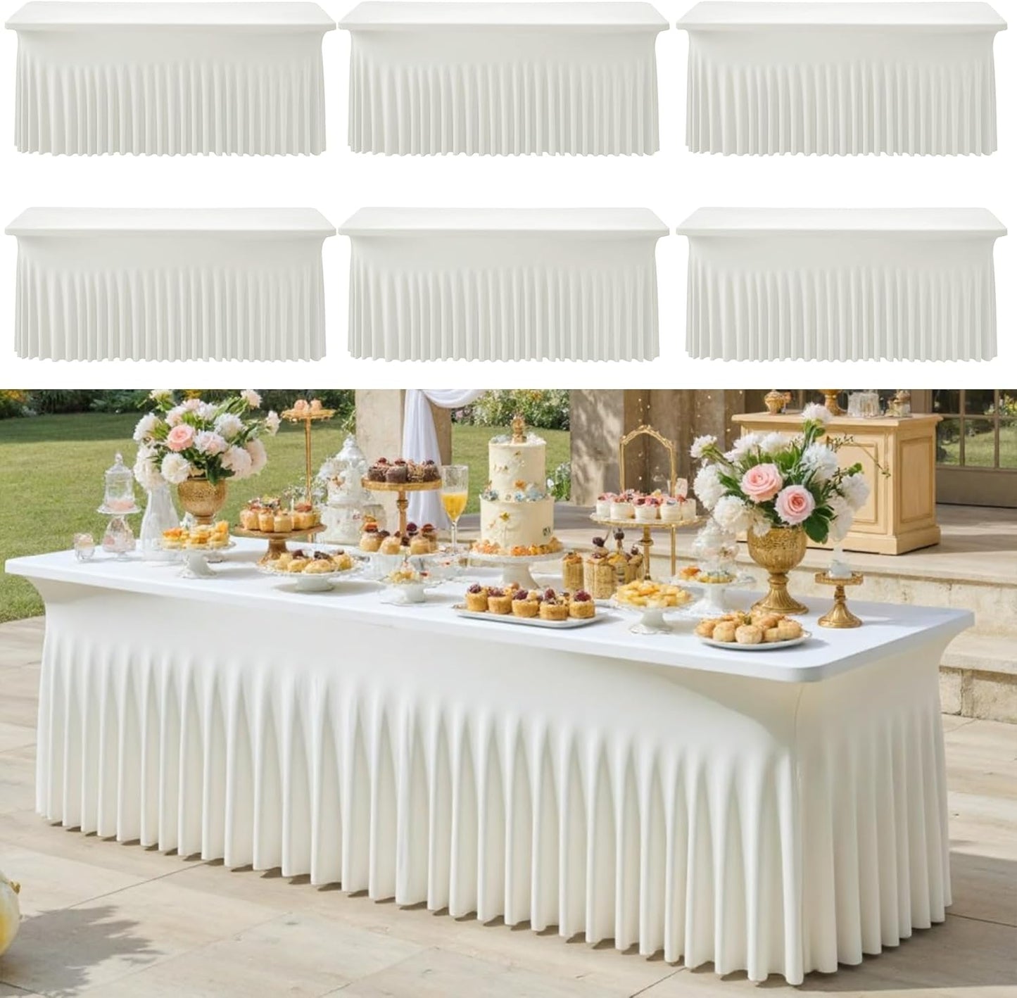 6pk Ivory Spandex Tablecloths 6ft for Rectangle Tables, Wrinkle Free Classy Table Skirt Stretchy Fitted Table Cloths Covers 6 Foot for Weddings Birthday Party Events Banquette Baby Shower