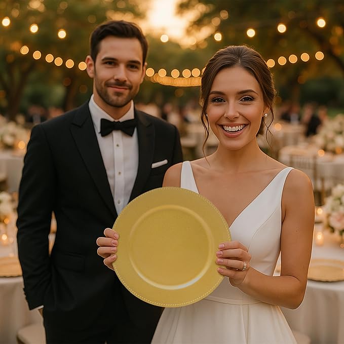 JEVERGN 10 Pack Gold Charger Plates, 13" Beaded Chargers for Dinner Plates, Gold Plate Chargers Set of 10, Round Plastic Charger for Wedding, Party Event, Dinner, Table Setting
