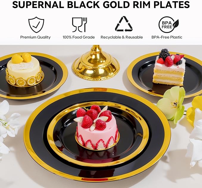 supernal 120pcs Black and Gold Plastic Plates Disposable Fancy Elegant Party Plates Heavy Duty Gold Plastic Dinnerware with Dinner and Dessert Size for Party, Valentine's Day Party and Wedding