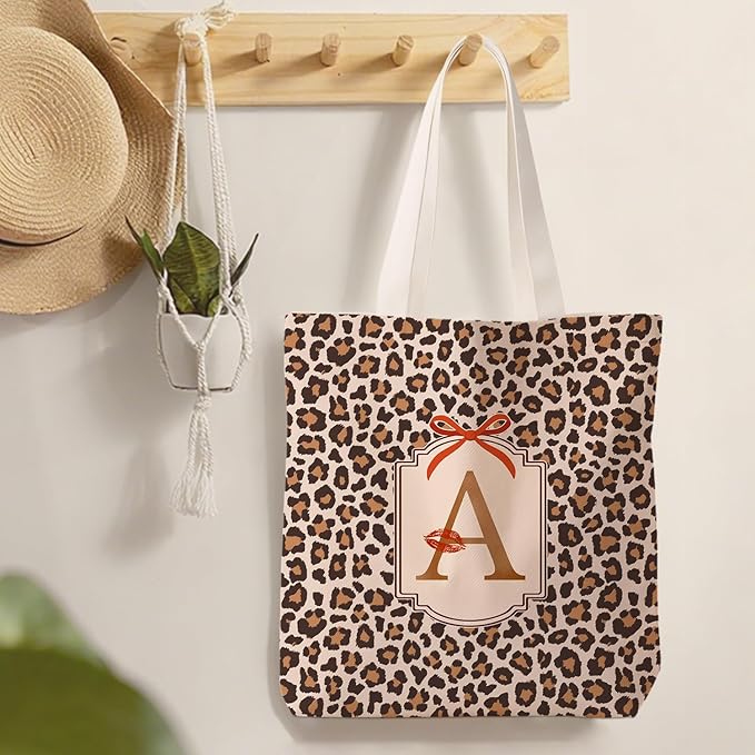 Coquette Leopard Print Letter A Tote Bag for Women,Trendy Cheetah Print Canvas Tote Bag for Girls,Red Bow Letter A Leopard Aesthetic Reusable Shopping Grocery Bags Party Favors