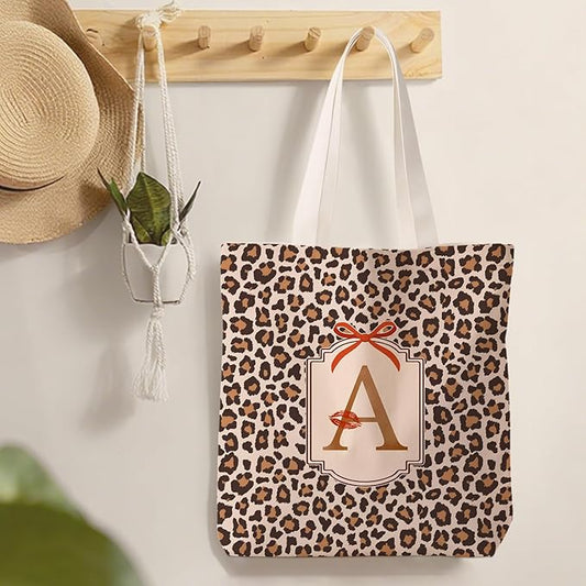 Coquette Leopard Print Letter A Tote Bag for Women,Trendy Cheetah Print Canvas Tote Bag for Girls,Red Bow Letter A Leopard Aesthetic Reusable Shopping Grocery Bags Party Favors