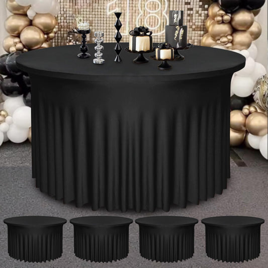 4 Pack Black Round Table Skirt, 60 Inch Diameter x 30 Inch Height, Stretch Polyester Spandex Tablecloth for 5ft Round Tables, Stain & Wrinkle Resistant for Wedding, Banquet Decor