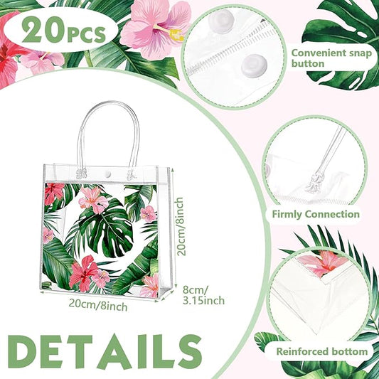 Aliceset 20 Pcs Clear Aloha Bags Hawaiian Luau Party Favors with Handles Summer Tropical Palm Leaves Goodie PVC Plastic Gift Bags for Summer Birthday Party Supplies, 8 x 8 x 3.15 Inch