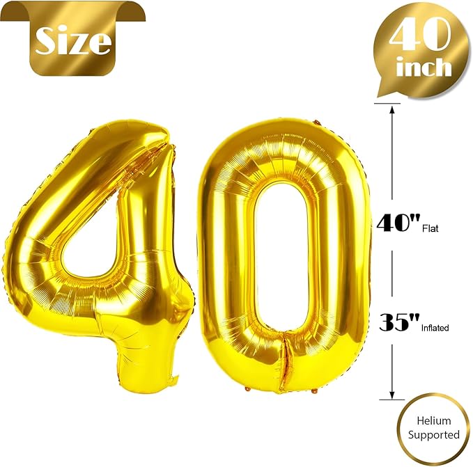 Gold Number 40 Balloon 40 inch, 40 Number Balloons, 40th Gold Birthday Decorations, 40 Year Old Women Men Golden Party Supplies