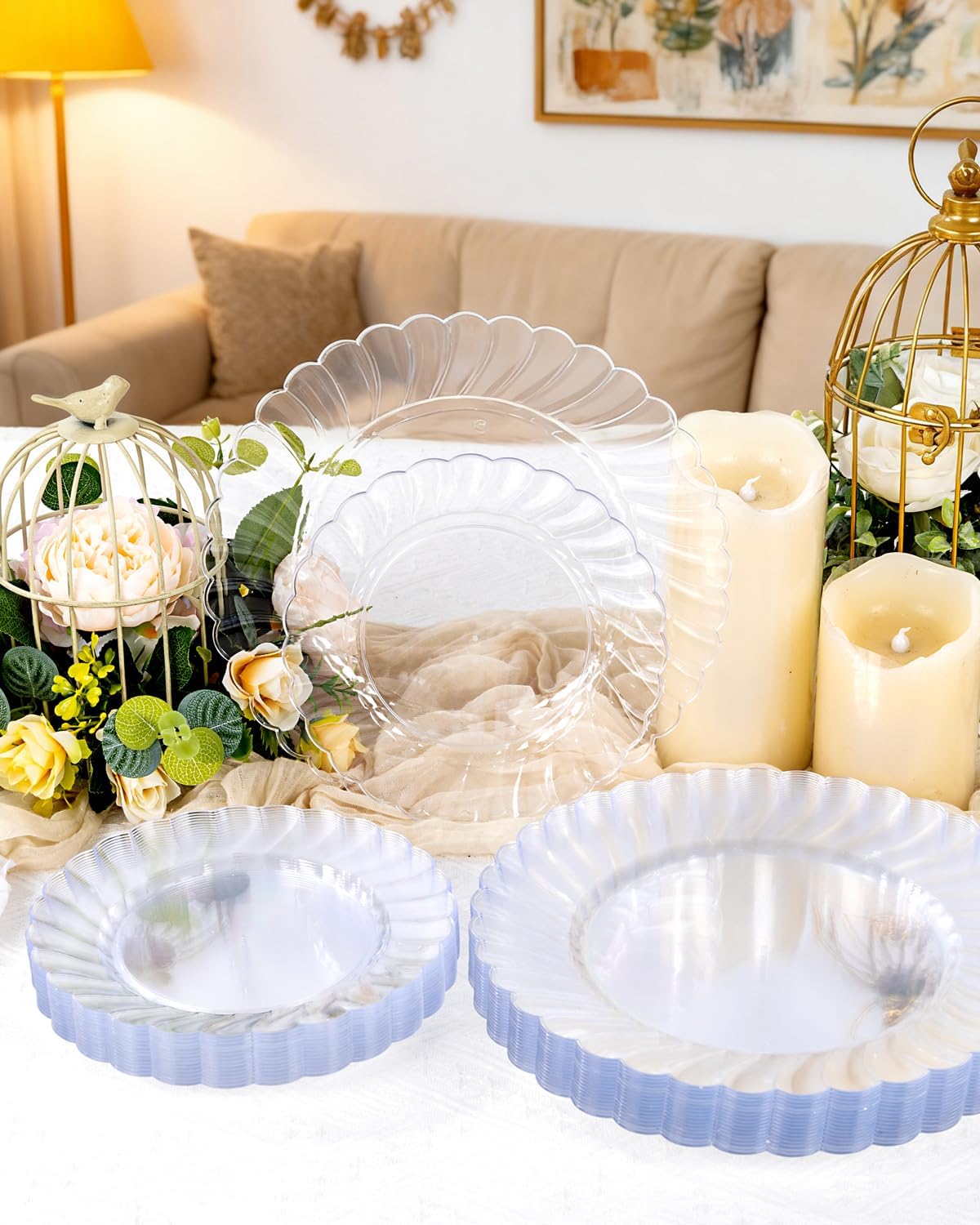 YOUBET 60PCS Clear Scalloped Plastic Plates - Premium Hard Disposable Facny Plastic Plates include 30 Dinner Plate, 30 Dessert Plate for Party & Wedding & Thanksgiving