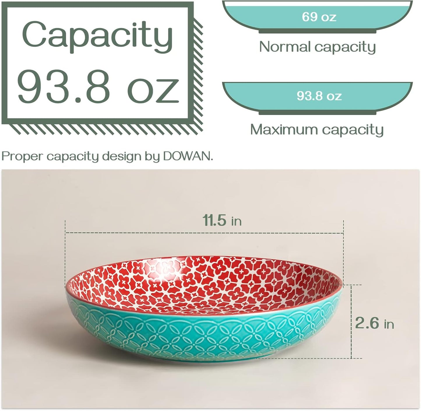 DOWAN 11.5" Large Serving Platter, 2.9 Qt Decorative Fruit Bowl for Kitchen Counter, Serving Dishes for Salad Pasta Entertaining Parties, Ceramic Serving Bowl Plates, Big Colorful Bowls for Home Decor