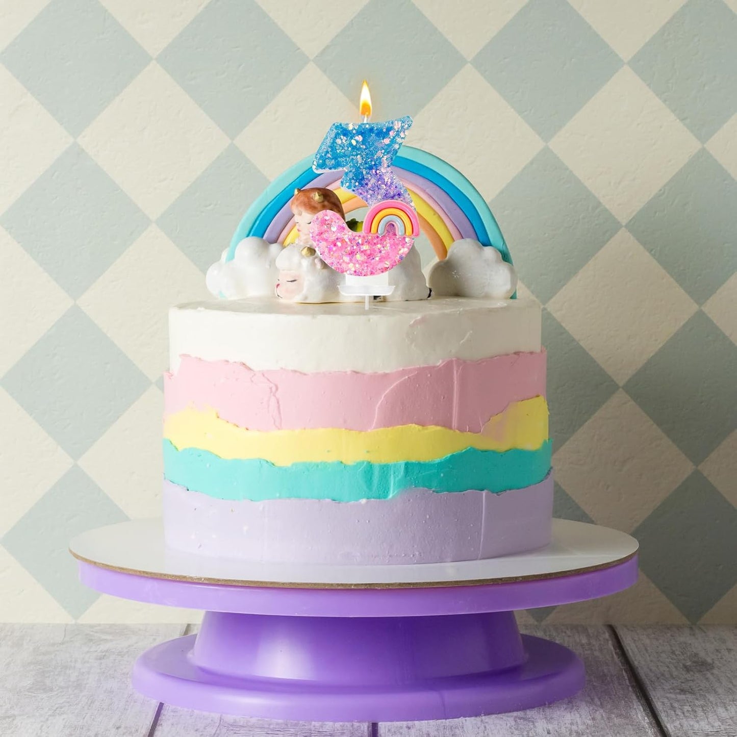 Rainbow Birthday Number Candles, Number 3 Candles, Cupcake Decorations, Macaron Birthday Cake Decorations, Cartoon Theme Party Supplies (Number 3)