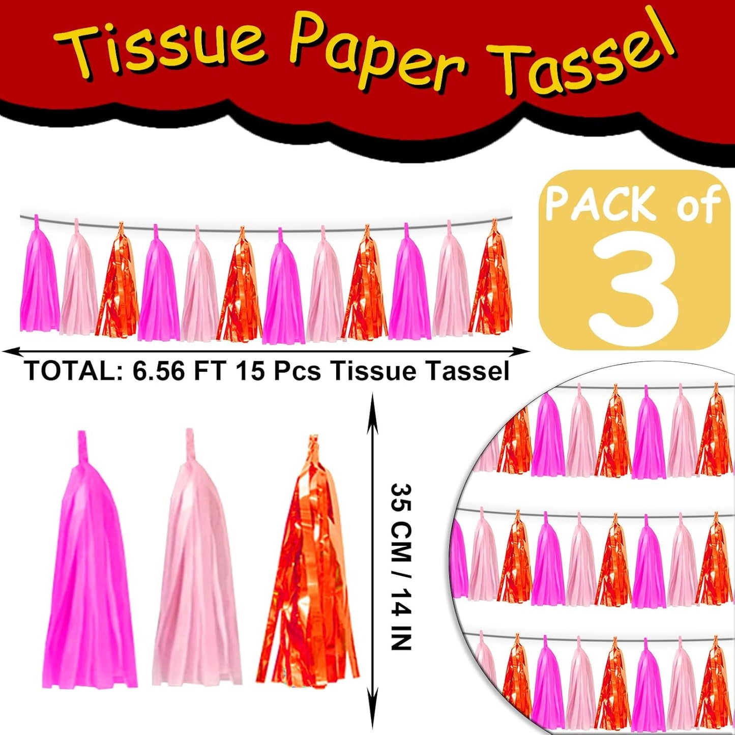 3P Hot Pink Orange LightPink Tassel Banner Garland Foil Fringe Tinsel Streamer Banner Backdrop for Parade Floats, Wall Hanging Curtain Parade Floats, Graduation Decorations, Wedding Party Decoration