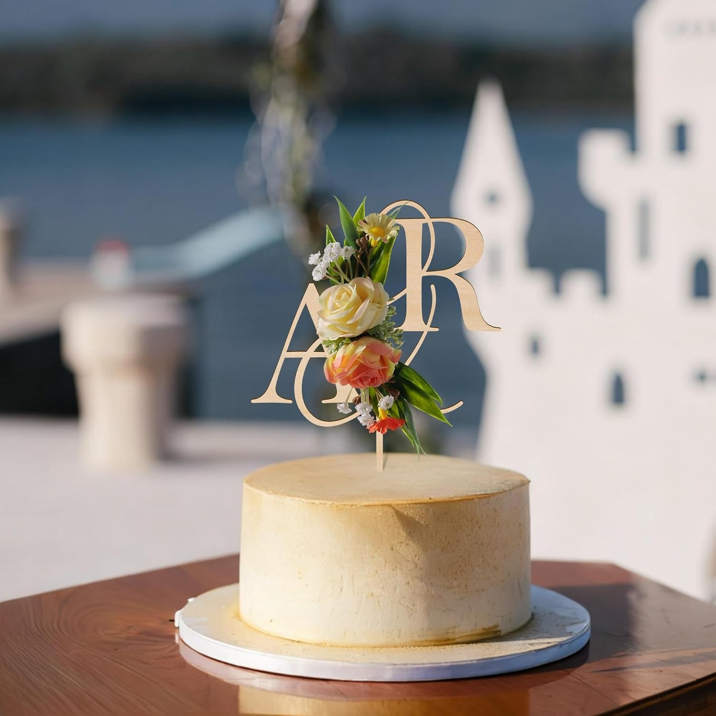 Wedding Cake Topper with 3D Artificial Flowers and Green Leaves Custom Initials Personalized Wooden Engagement Anniversary Cake Decoration