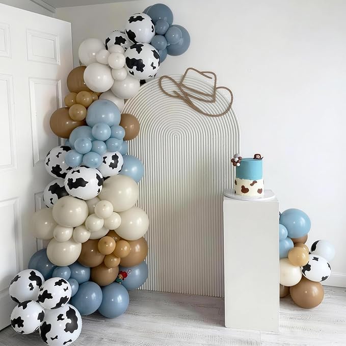 Cowboy Western Balloon Arch Kit, Dusty Blue Brown Double Stuffed Sand White Balloon Garland with Cow Print Balloons for Boys Western Cowboy Theme Birthday First Rodeo Baby Boy Shower Party Decorations