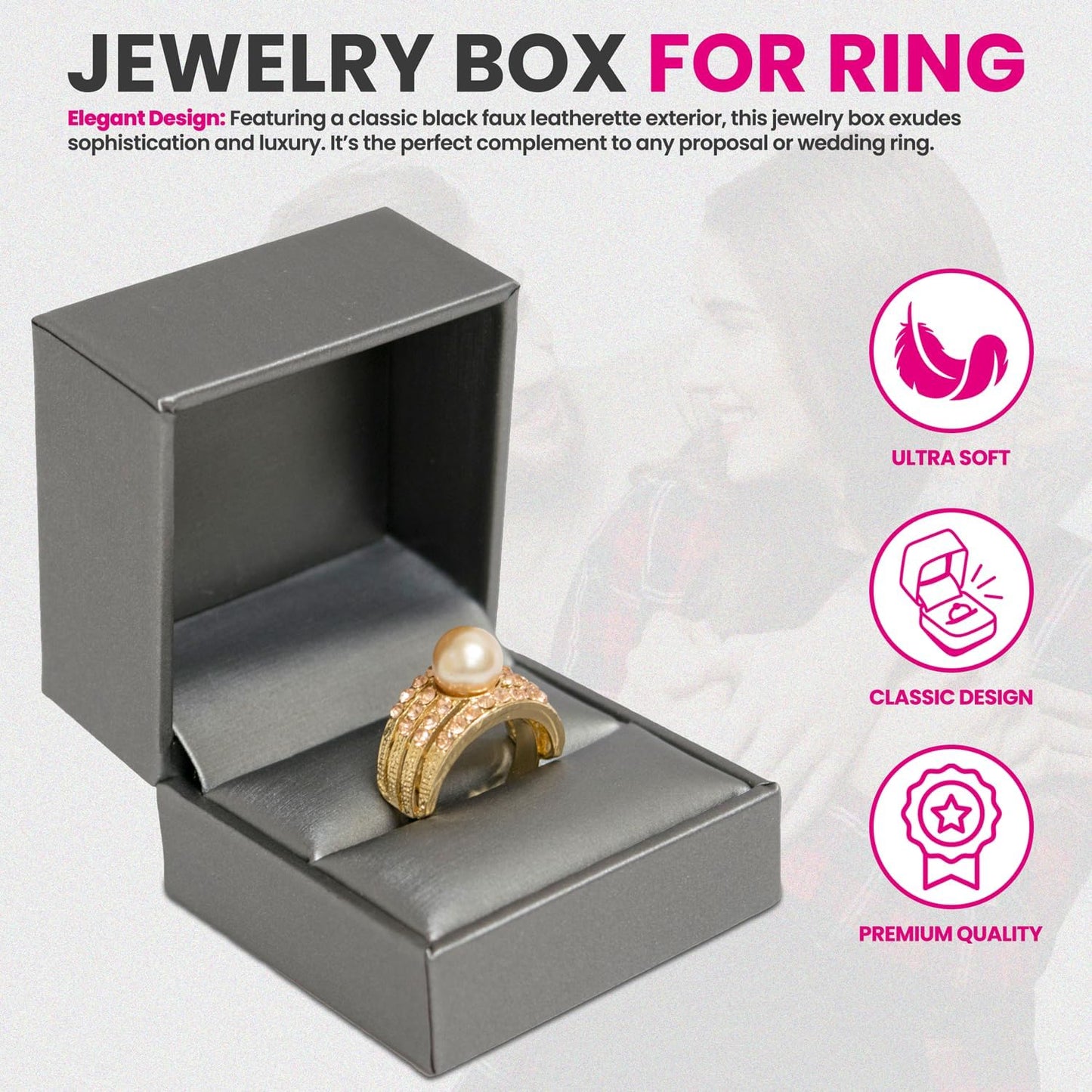 Novel Box Silver Jewelry Box for Rings 2.37x2.37x1.87 Inches - Slot Ring Gift Box for Proposal Wedding Engagement - Faux Leatherette Jewelry Display Box - Gift Presentation Boxes for Rings