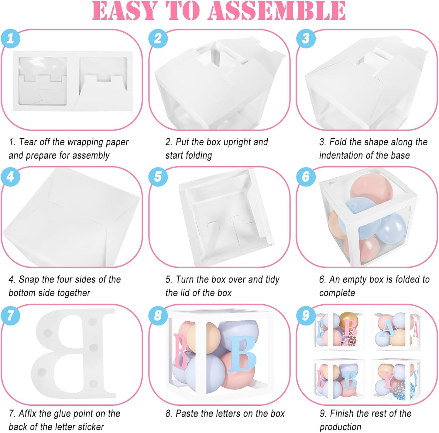 Amandir 164PCS Gender Reveal Balloon Boxes Decorations, Pink and Blue Balloon Garland Kit 4pcs Boxes with Letters (A-Z+Baby) for Baby Shower Birthday He or She Gender Reveal Party Supplies