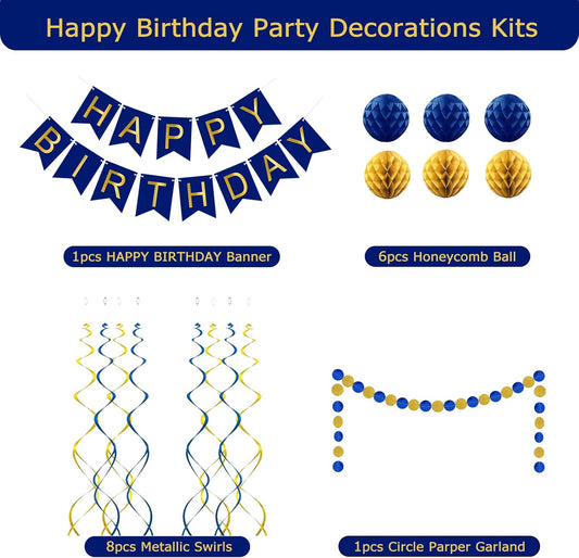 Navy Blue Birthday Decorations with Happy Birthday Banner, Paper Honeycomb Balls, Circle Garland and Hanging Swirl Decorations