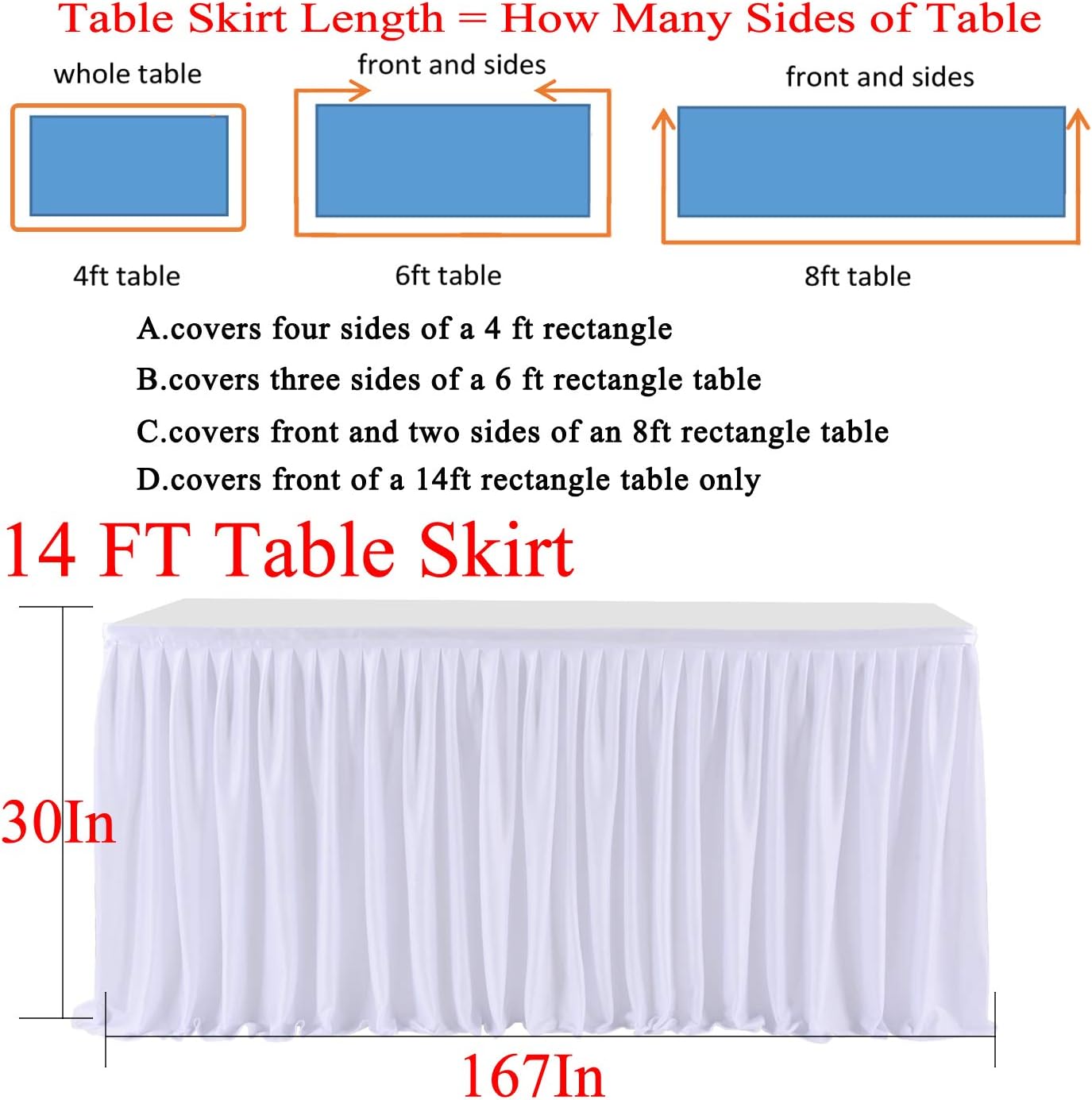 14ft White Table Skirts for Rectangle Tables Polyester Pleated Ruffle Table Skirt Tablecloth for Wedding Birthday Party Baby Bridal Shower Banquet Decoration