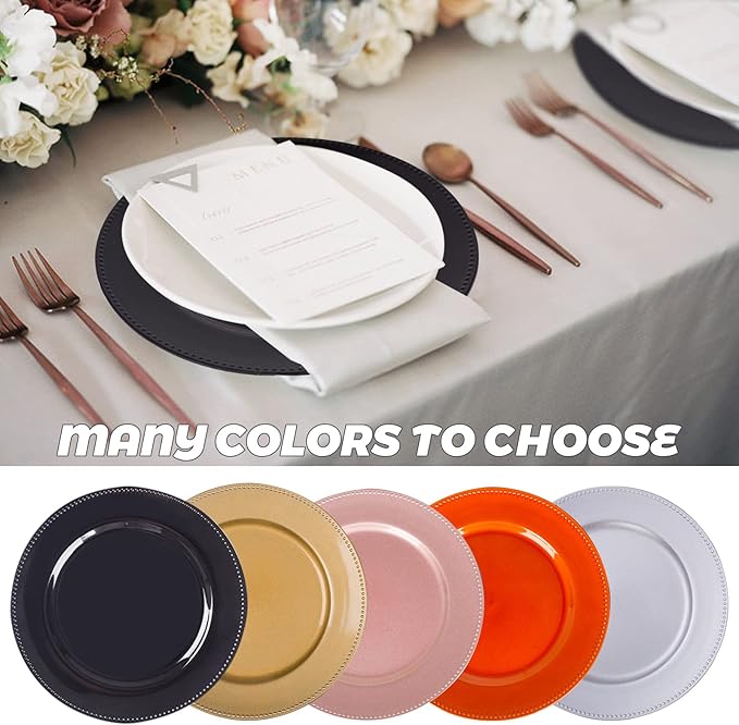 MAONAME Black Charger Plates, Round Dinner Charger with Beaded, 13 Inch Plastic Plate Chargers for Wedding, Table Decor, Set of 12