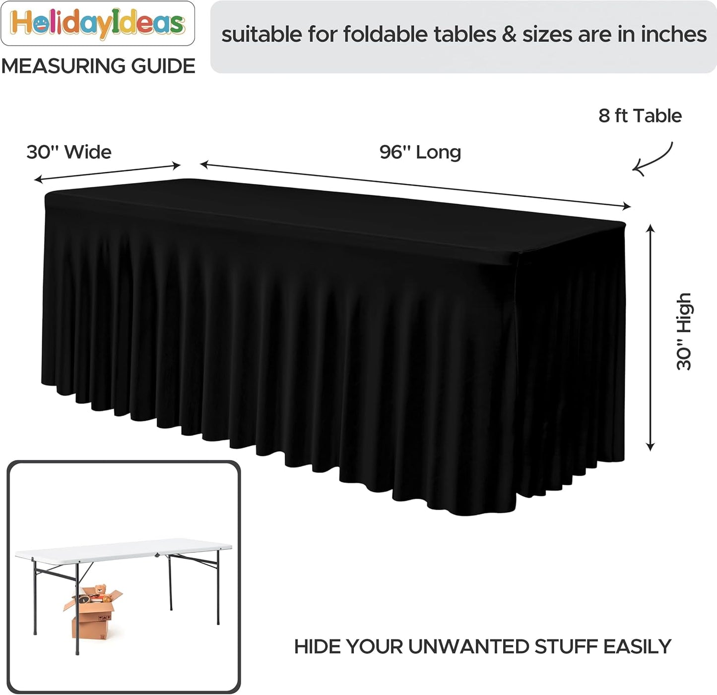 HolidayIdeas Black 8ft Rectangle Spandex Tablecloth 4 Pcs Fitted Stretch Table Skirts 30x96 Inch, Ruffle Design Wrinkle-Free Polyester Table Cover for Banquets,Trade Shows, Parties, Events
