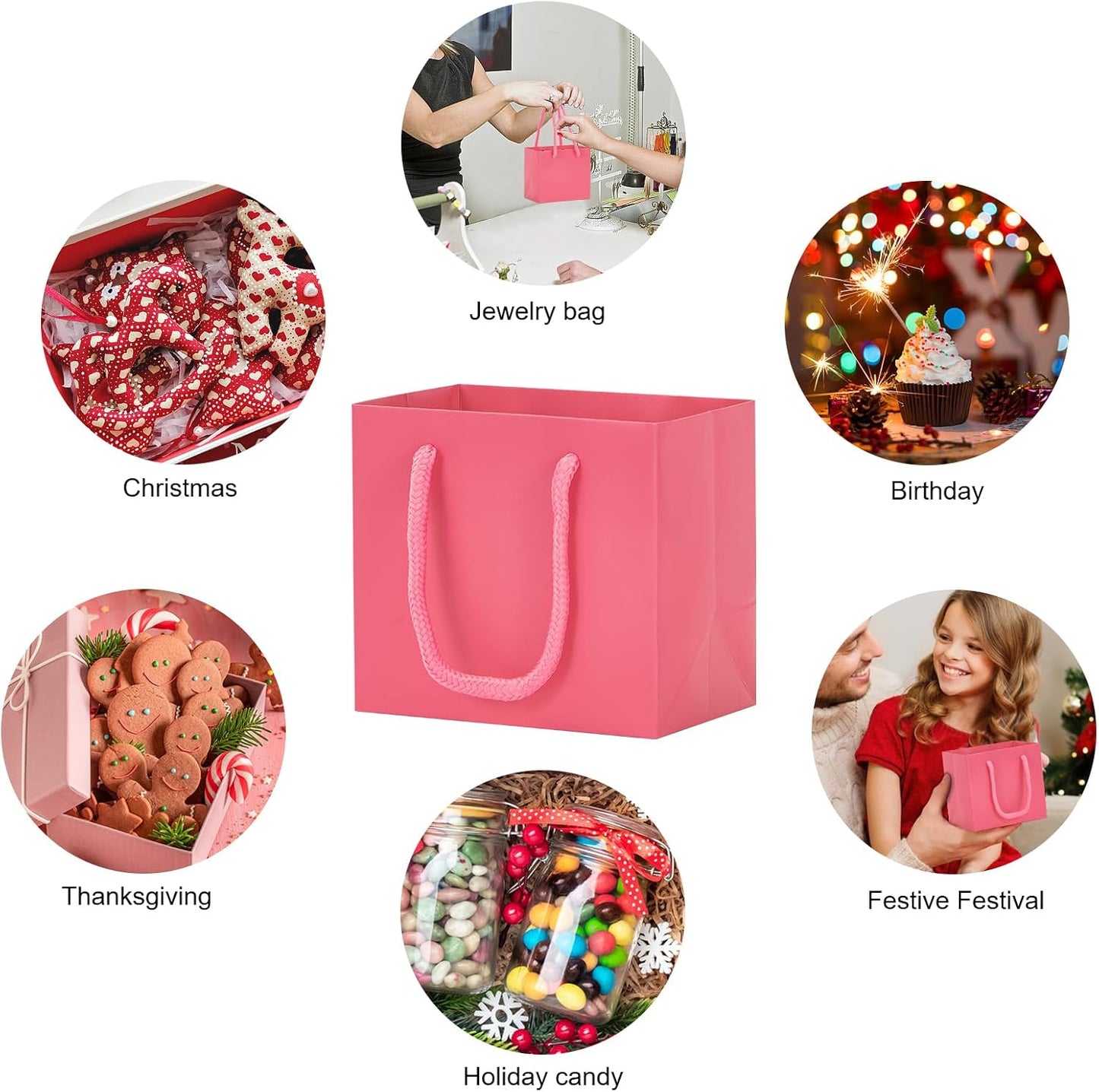 driew Small Pink Gift Bags 50 Pcs, 4.5" x 2.8" x 4" Min Thick Kraft Paper Bags Bulk with Pink Handles Set for Wedding Party Birthday Gathering Baby Shower