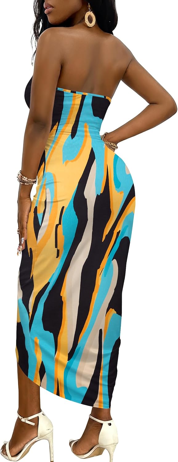 Umenlele Women's Strapless Ruched High Waist Wrap Split Asymmetrical Beach Maxi Long Dress