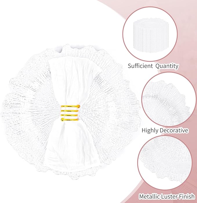 50 Pcs White Charger Plates Bulk 13 Inch Plastic Charger Plates for Dinner Plate, White Chargers for Table Setting, Reef Design Plate Floral Decorative Round Chargers for Wedding Party, Event