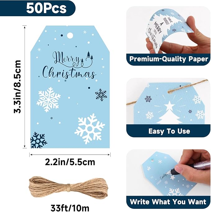 Anwyll Christmas Gift Tags with String - 50Pcs Blue Merry Christmas Name Tags for Gift Xmas to from Tag Have A Merry Little Christmas Tree Label Tag for Present Wrap Goodie Bags Holiday Party Favors