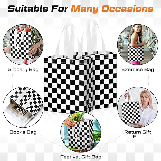 Supervitae 24 Pack Checkered Racing Gift Bags Race Car Party Favors Bag Black and White Reusable Totes Non Woven Candy Totes for Race Car Themed Birthday Party Supplies(9.8" x 7.9" x 3.9")