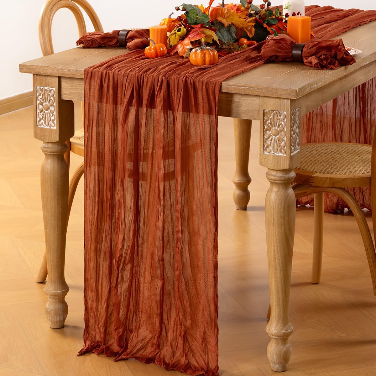 MLMC Fall Thanksgiving Table Runner Terracotta Cheesecloth Table Runner 10ft Burnt Orange Gauze Boho Farmhouse Rustic Chesse Cloth Table Decor for Fall Wedding Bridal Shower Pinic Party Decor