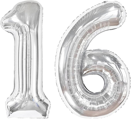 Silver Number 16 Balloon 40 inch, 16 Number Balloons, 16th Silver Birthday Decorations for Girls Boys Kids, 16 Year Old Silver Party Supplies