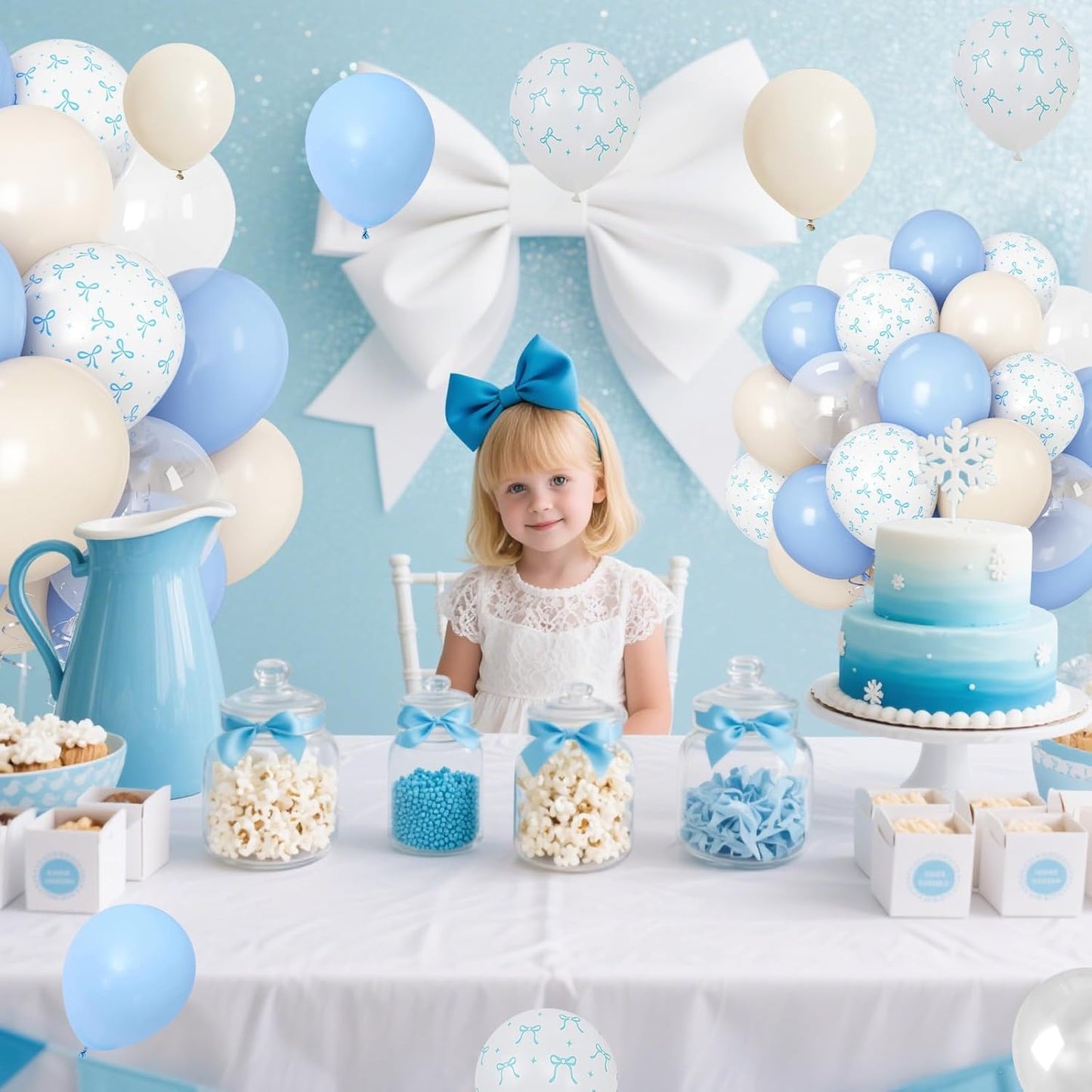Pastel Blue Bow Balloons Light Pale Blue and White Sand Balloon 12inch Beige Clear Balloons Coquette Birthday Party Decorations Latex Helium Balloon for Arch Bridal Baby Shower Bachelorette Weddiing