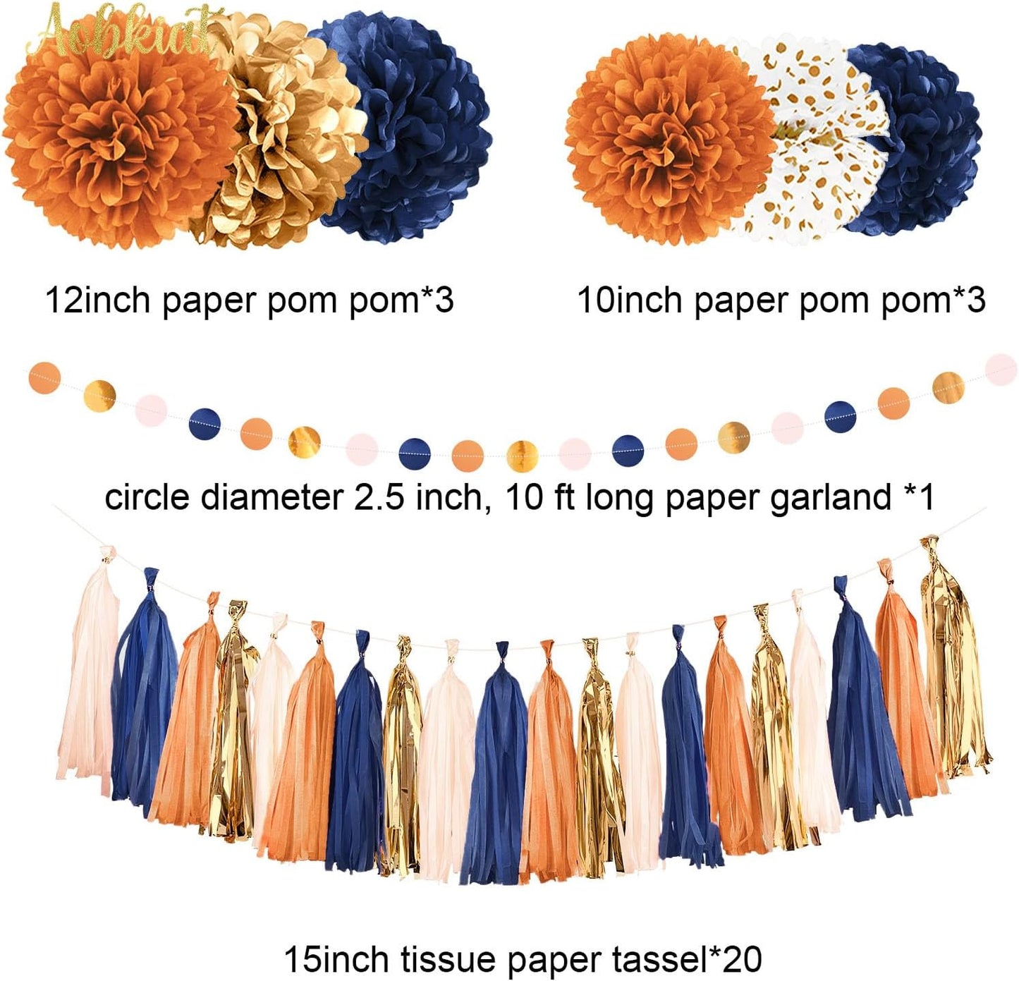 AOBKIAT Fall Baby Shower Party Decorations,28PCS Thanksgiving Home Decor,Orange Navy Gold Tissue Paper Pom Poms,Paper Garland,Hanging tassel,Table Confetti,for Baby Shower,Bridal Shower,Rustic Wedding