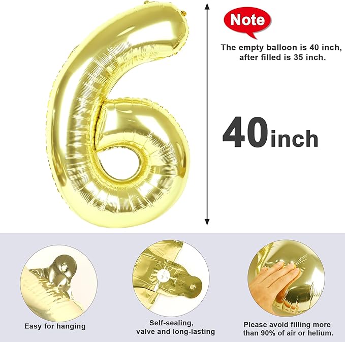 Number 6 Balloon 40 Inch, 6 7 Six Seven Birthday Decorations, 6th Birthday Balloon for Boy Girl, Light Gold 16 60 61 65 Numbers Balloons Graduations Anniversary Supplies