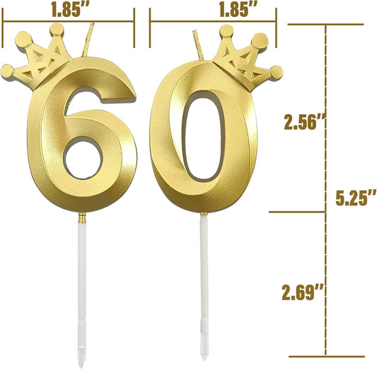 The Number 60 Gold Birthday Candles for Cake is Beautiful Number Candles for 60th Birthday Decorations for Man and Women(Gold-60, Crown)