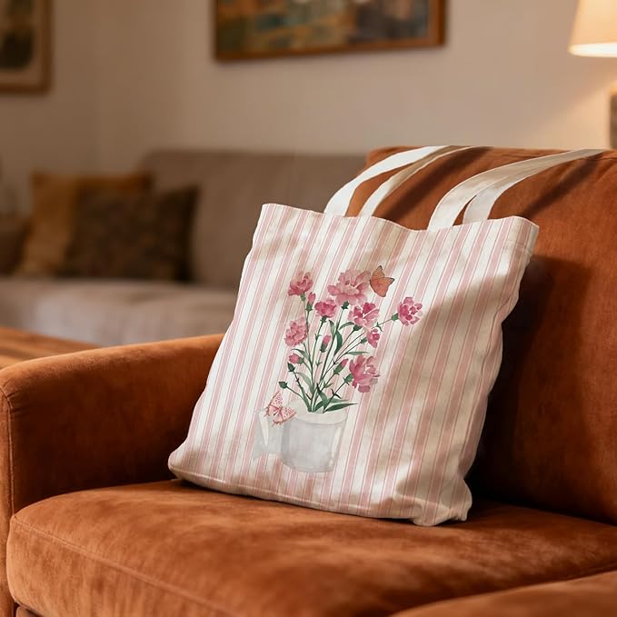 Pink Preppy Floral Aesthetic Tote Bag for Women,Printed Canvas Tote Bag for Girls,Pink Striped Watercolour Aesthetic Reusable Shopping Grocery Bags Party Favors