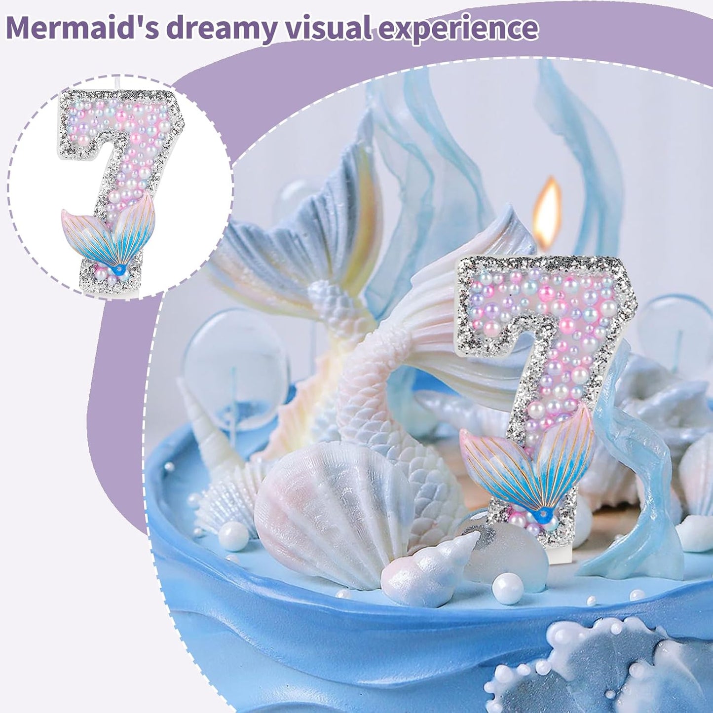 Girls Glitter MermaidTail 4th Birthday Candles,Pink Pearl MermaidTail Cake Toppers & Decor