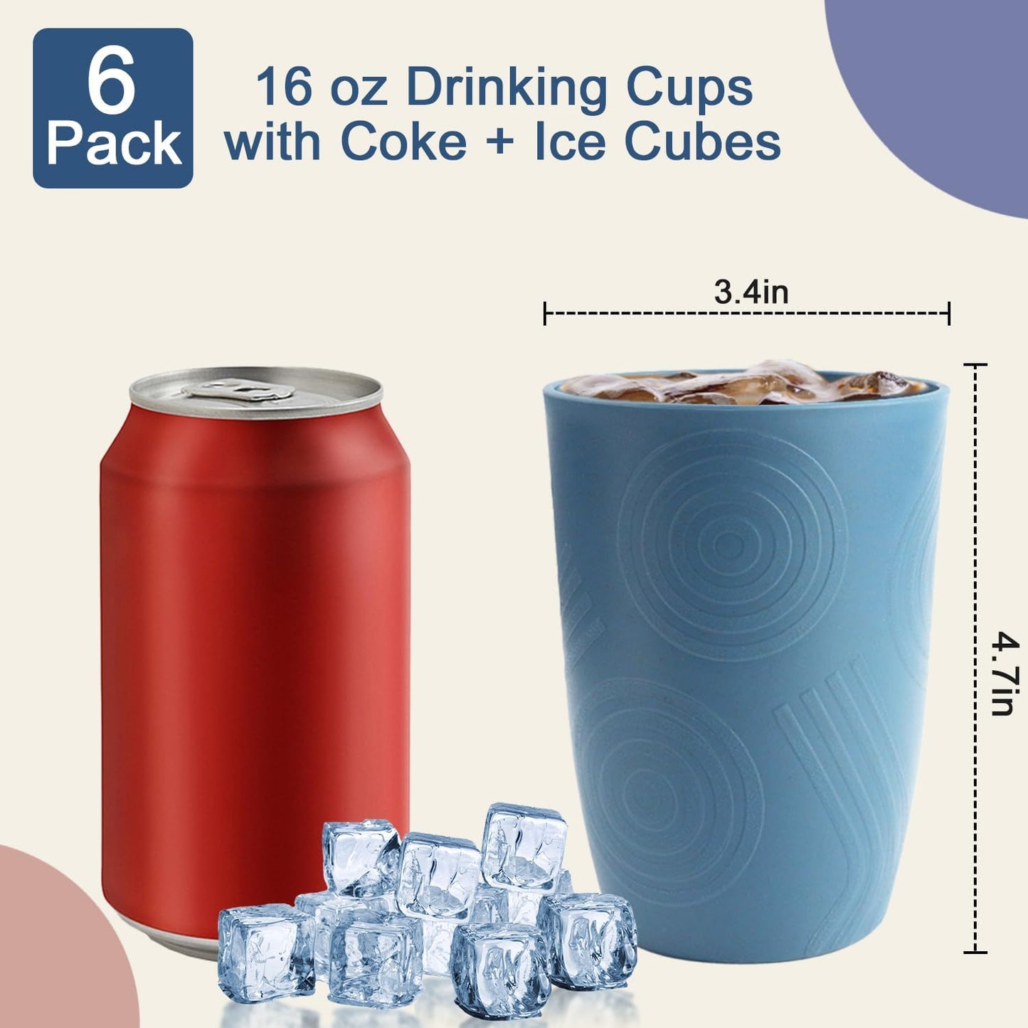 Drinking Glasses Wheat Straw Cups Alternative to Plastic Cups 16 OZ - Unbreakable Cup Set of 6 Reusable Drinking Cup Plastic Glasses Tumbler Dishwasher Safe Cups for Kitchen - Blue